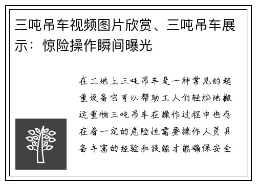 三吨吊车视频图片欣赏、三吨吊车展示：惊险操作瞬间曝光